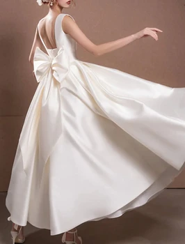 Элегантное Маленькое Белое Короткое свадебное платье с квадратным вырезом и бретельками Длиной до щиколоток из атласа с бантом Платья для невесты Vestido De Noiva