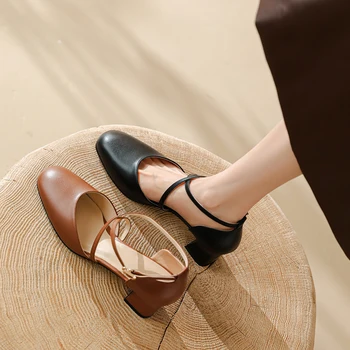 Весенняя женская обувь 2023 года, туфли-лодочки, кожаные туфли для женщин, туфли с квадратным носком на массивном каблуке, туфли Мэри Джейнс в стиле ретро, женские туфли на каблуках