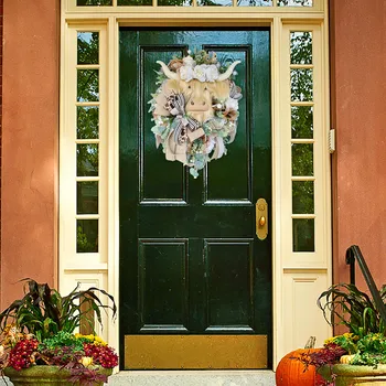 Осенняя вешалка для входной двери, приветственный знак для входной двери со светодиодной подсветкой, очаровательный венок из коров Хайлендс, 16-дюймовый Весенний декоративный венок