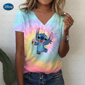 Женская футболка Disney Stitch 3d Печать Топы с V-образным вырезом Новые летние мультяшные красочные Модные повседневные свободные женские пуловеры
