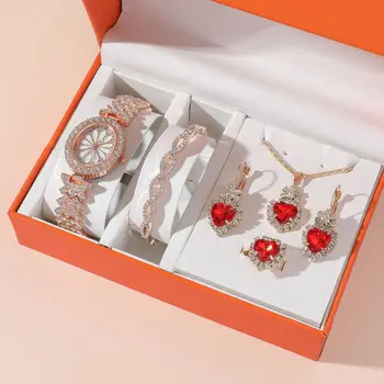Новые женские часы diamond daisy + браслет с бриллиантами + ожерелье с красными камнями + серьги с красными камнями + кольцо