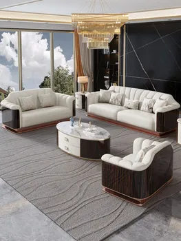 Современный кожаный диван Европейский светлый роскошный диван для виллы, большая семейная гостиная, сочетание диванов из массива дерева