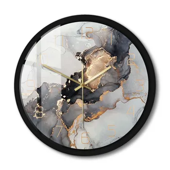 Настенные часы в металлической раме с абстрактным принтом спиртовыми чернилами, бесшумные Современные настенные часы с акварельной текстурой и мраморной текстурой для домашнего офиса