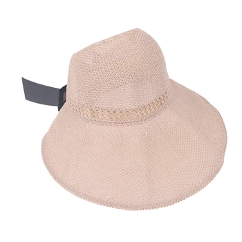 1ШТ Весенне-летние вязаные пустые цилиндры с широкими полями, соломенные шляпы с бантом, складные пляжные солнцезащитные шляпы с большими полями для женщин