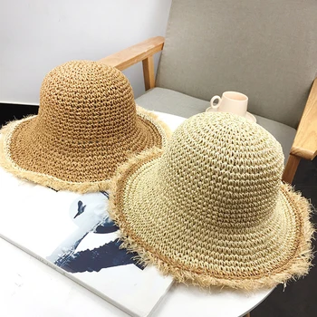 Летние женские соломенные шляпы от солнца, связанные крючком, соломенная шляпа с широкими волнистыми полями, солнцезащитная пляжная кепка Sunhat, пляжные соломенные кепки от солнца для отдыха