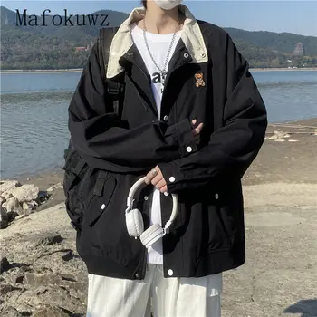Куртка в японском стиле, весенне-осеннее лоскутное пальто с медведем, мужская свободная Повседневная университетская куртка, Корейская уличная куртка-бомбер Cityboy