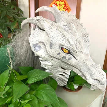 Роскошная Маска Белого дракона с волосами, маска для косплея, украшения для Тираннозавра Рекса, маски животных для вечеринки в честь Дня рождения на Хэллоуин для взрослых