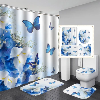 Занавеска для душа с красивым цветочным узором из водонепроницаемой ткани, комплект штор для ванной комнаты с голубой бабочкой, подставка для коврика, крышка для унитаза, коврик