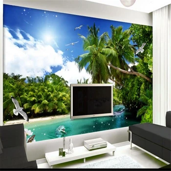 beibehang Большие обои на заказ, кокосовые пальмы, солнечное голубое небо, 3D стереокартинка с дельфином, настенная живопись