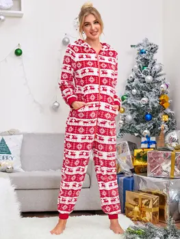 Женский Рождественский комбинезон с капюшоном, длинным рукавом, на молнии, V-образным вырезом, пижама с мультяшным принтом, Зимняя теплая домашняя одежда для сна