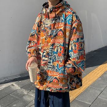 Уличная мода, мужские куртки с капюшоном с принтом граффити, новинка весны 2023 года, японская свободная мужская куртка с капюшоном, мужские топы в стиле хип-хоп