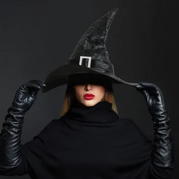 Черная праздничная шляпа из велюра, шляпа ведьмы-волшебницы, Маскарадный костюм на Хэллоуин, Аксессуар для костюмированной вечеринки, Пояс со стразами, Модная остроконечная шляпа