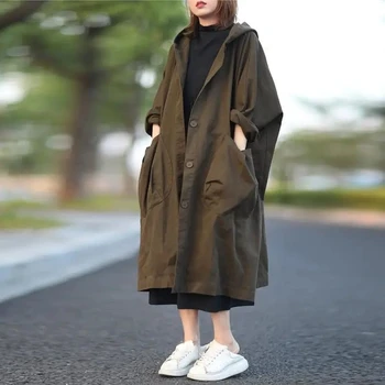 Размер 6XL 150 кг, женская свободная повседневная куртка на пуговицах с капюшоном, длинная ветровка на талии, Ветрозащитная куртка с длинным рукавом
