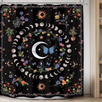 Занавеска для душа с фазой Луны в стиле бохо, Абстрактные Солнечные звезды, Бабочка, гриб, цветы, листья растений, ткань для декора ванной комнаты с крючками