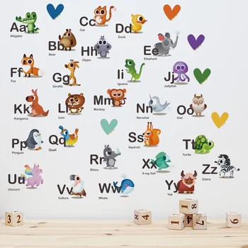 Funlife® 32 наклейки для дошкольного образования Английский алфавит с милыми мультяшными животными Забавная наклейка на стену для комнаты детского сада