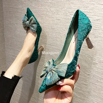 Зеленые шелковые женские туфли-лодочки на высоком каблуке с бантиком-бабочкой, пикантные свадебные туфли на металлической шпильке с острым носком, весна-осень