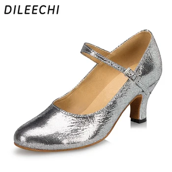 Женские туфли для латиноамериканских танцев из овчины DILEECHI, серебристые туфли для бальных танцев для взрослых, натуральная кожа