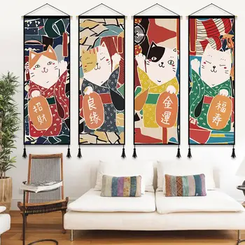 В японском стиле Манеки Неко, Настенные художественные картины, Эстетические плакаты, Подвесные Какемоно для домашнего декора, украшения гостиной