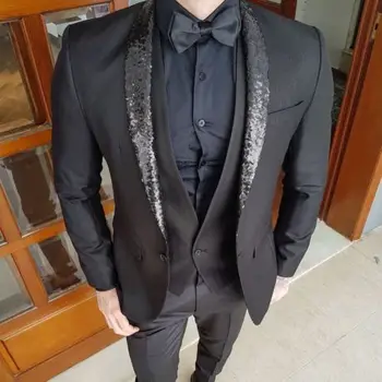 2020 Новейший дизайн, изготовленный на заказ мужской черный костюм с блестящими бусинами, приталенное свадебное платье жениха, смокинг, 3 предмета (куртка + брюки + жилет)