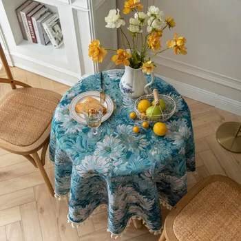 Американская винтажная скатерть из жаккарда с голубой хризантемой, круглая скатерть для украшения кофейни, Тканевая крышка для чайного столика