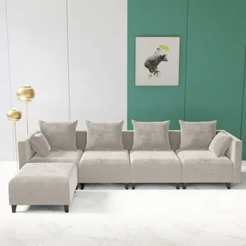 Секционный диван L-образный Бархатный диван с квадратными подлокотниками и 6 подушками для гостиной, бежевый с черной ножкой