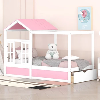 Двуспальная кровать для дома с крышей, окном и выдвижным ящиком - Розовый + белый