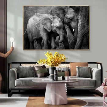 Плакат с изображением животных с принтом слона, картина на холсте, настенное искусство, картина для гостиной, домашний декор, современный Куадро, черно-белый, без рамки
