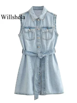 Willshela, женское модное платье с карманами на поясе, Джинсовое синее однобортное мини-платье, винтажные женские платья без рукавов с отворотом