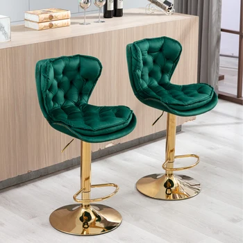 Набор из 2 барных стульев с хромированной подставкой для ног и основанием, поворотный, регулируемый по высоте, механический подъем, бархатная золотая ножка