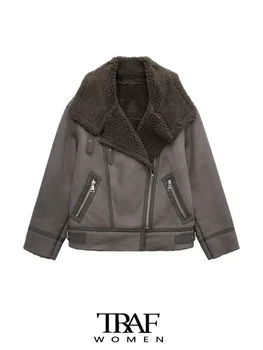 TRAF Женская Модная Толстая теплая куртка из искусственной овчины, пальто, Винтажная женская верхняя одежда на молнии спереди с длинным рукавом, Шикарные топы