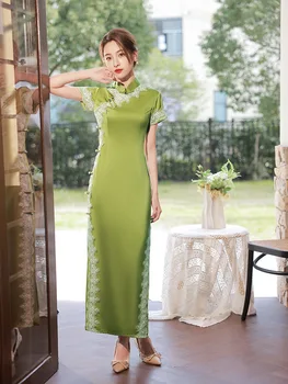 Женское зеленое атласное кружевное винтажное платье Чонсам с коротким рукавом, традиционное Китайское Тонкое Длинное Ципао