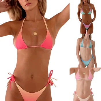 Женские летние комплекты бикини из 2 предметов, бюстгальтер градиентного цвета без рукавов со свисающей шеей + стринги с завязками на низкой талии