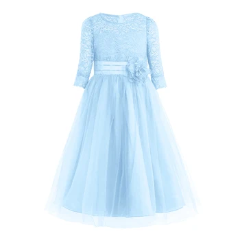 Небесно-голубые кружевные платья с поясом до половины рукава длиной до чая для девочек в цветочек, модные нарядные платья для причастия для девочек
