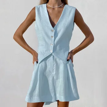 Clothland Женский шикарный Хлопковый жилет, костюм, блузка без рукавов с V-образным вырезом, мини-шорты с эластичной талией, Летний комплект из двух предметов TZ978