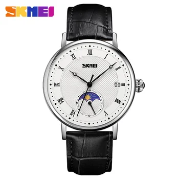 SKMEI, новые японские кварцевые часы с фазой Луны, мужские водонепроницаемые секундомеры из натуральной кожи, мужские наручные часы relogio masculino