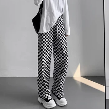 Zoki Harajuku Черные Белые Женские клетчатые брюки Bf Летние Модные Свободные Широкие брюки Оверсайз Универсальные повседневные Прямые брюки