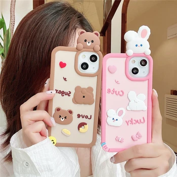 Ins Korea 3D Кукла Пончик Медведь Любовь сердце Кролик Силиконовый Чехол для iPhone 14 Pro Max 11 12 13 Pro Max Милый мягкий защитный чехол