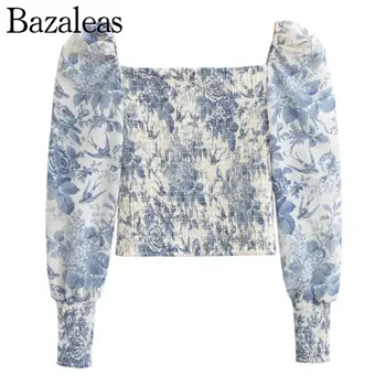 2023 bazaleas store traf Тонкая блузка, топы во французском стиле, сине-белый цветочный принт с птицами, женская одежда с эластичными рюшами, официальный представитель