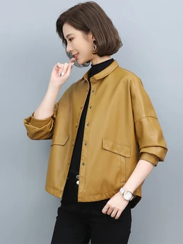 Куртки для женщин, весна 2023, Новая корейская мода, укороченная кожаная куртка, топы, пальто с отворотом и длинным рукавом, Уличная женская одежда
