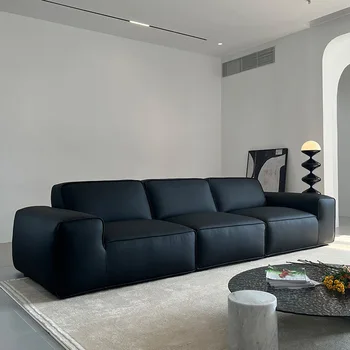 Итальянский минималистичный кожаный диван, первый слой воловьей кожи, прямой ряд, гостиная, маленькая квартира, полностью кожаная, черная online ce