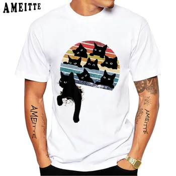 Новые летние мужские футболки с коротким рукавом, рваная ткань с черным котом и множеством котят на закате, ретро-футболка, повседневные топы для мальчиков в стиле хип-хоп, Мужские белые футболки