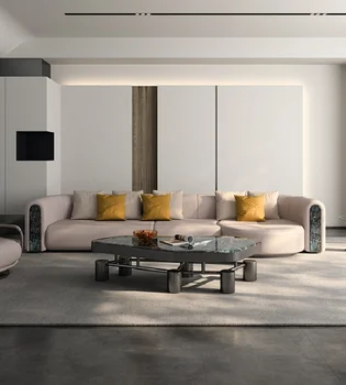 Итальянский минималистичный кожаный диван, верхний слой из воловьей кожи, гостиная в стиле постмодерн с прямыми линиями, легкий роскошный диван, четыре сиденья