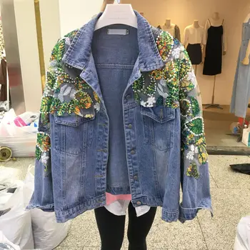 Роскошные весенне-осенние женские Бриллианты, бусы, яркая джинсовая куртка-бомбер с пайетками, джинсовое пальто с цветочной вышивкой, уличная одежда, топы
