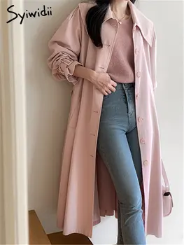 Syiwidii Розовый тренч для женщин с отложным воротником, однобортная верхняя одежда на шнуровке, Корейская мода, повседневные Стильные длинные топы.