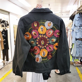 Винтажная джинсовая куртка с цветочной вышивкой, женская ковбойская повседневная джинсовая куртка с отворотом и длинным рукавом, уличная верхняя одежда