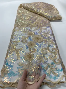 Горячая продаваемая ткань высококачественная африканская кружевная ткань ручной работы, расшитая 3D бисером, расшитая золотыми блестками, материал свадебного платья, французское сетчатое кружево