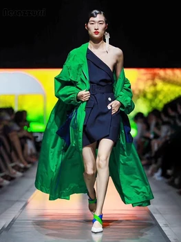 Lautaro Весенний удлиненный оверсайз Зелено-синий лоскутный тренч для женщин на молнии, крутая роскошная дизайнерская одежда 2023 года