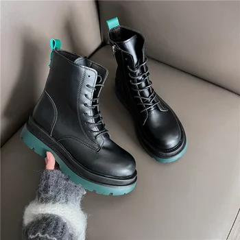 2023 Новые зимние ботинки из роскошной кожи, модные мотоциклетные ботинки с круглым носком на толстой подошве, комфортные женские армейские ботинки на шнуровке