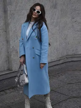 Двубортное Синее шерстяное пальто, женский воротник с лацканами, карманы, Однотонное Длинное шерстяное пальто, Зимнее модное Теплое Свободное шерстяное пальто