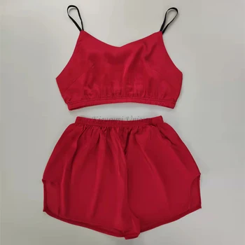 Красная женская пижама, сексуальный атласный короткий комплект, пижама для женщин, пижамный комплект, милые мягкие удобные футболки с коротким рукавом, лето